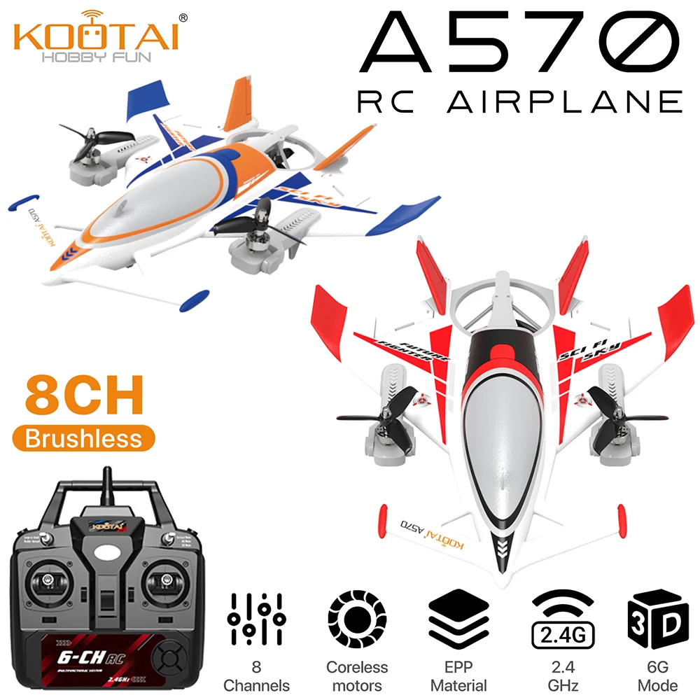 KOOTAI A570 RC Avião 8CH Planador Avião vetorial de 3 eixos 1000mAh EPP Giroscópio de 6 eixos sem escova Avião de pouso vertical para decolagem