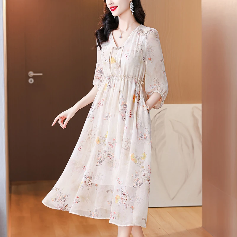 Women's Vintage Elegant Evening Prom Spring Holiday Boho Hepburn Vestidos 2024 Summer Luxury Silk Floral Casual Beach Midi Dress