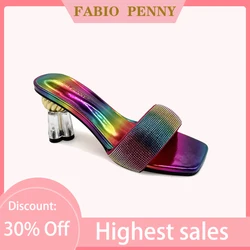 FABIO PENNY Summer Fashion Ladies Crystal Gold High Heels Slippers For Dinner Party Colored Rhinestone Slippers for Ladies