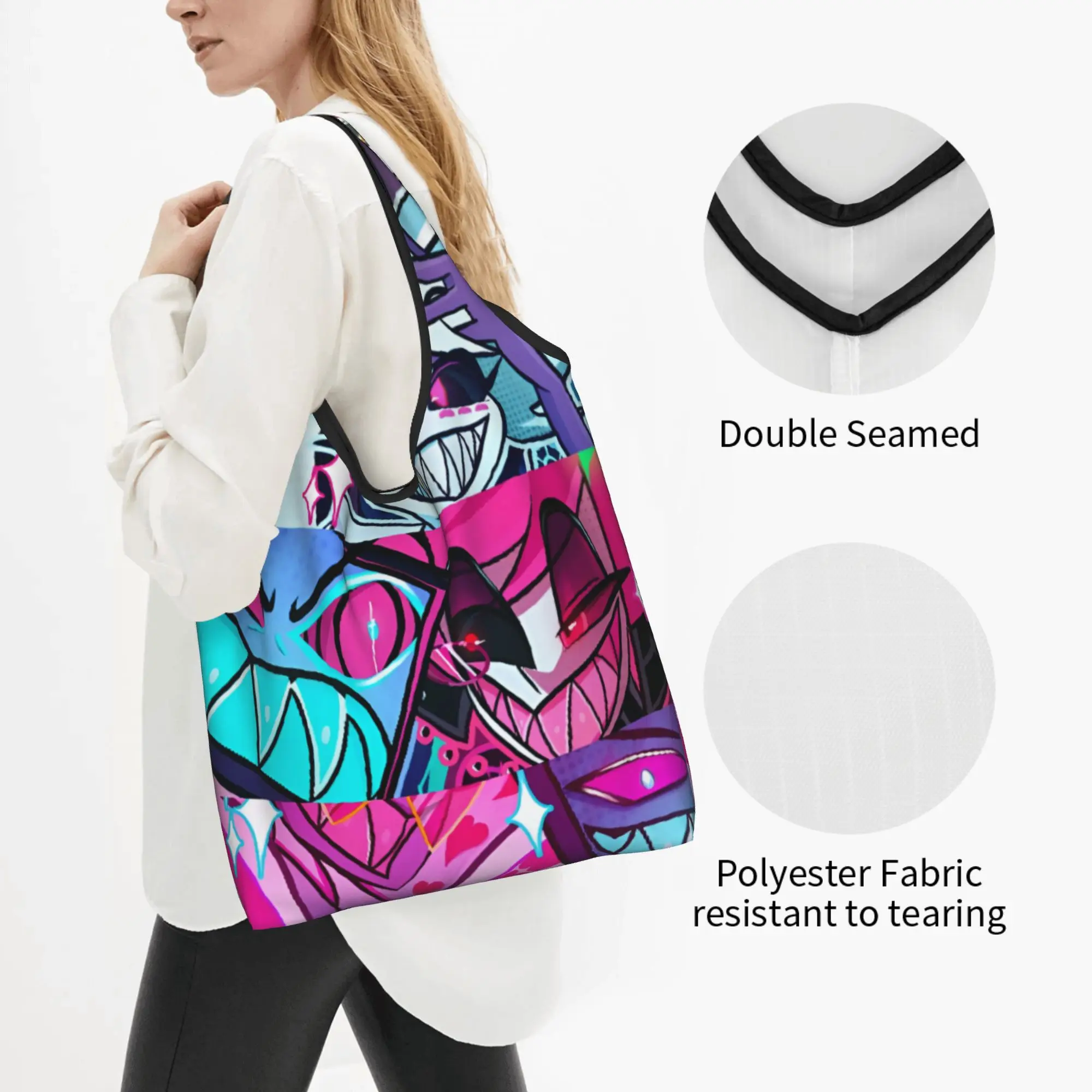 Classic H-Hazbins Anime Cartoons  Groceries Shopping Tote Bag Women Kawaii Comics Shoulder Shopper Bag Large Capacity Handbags