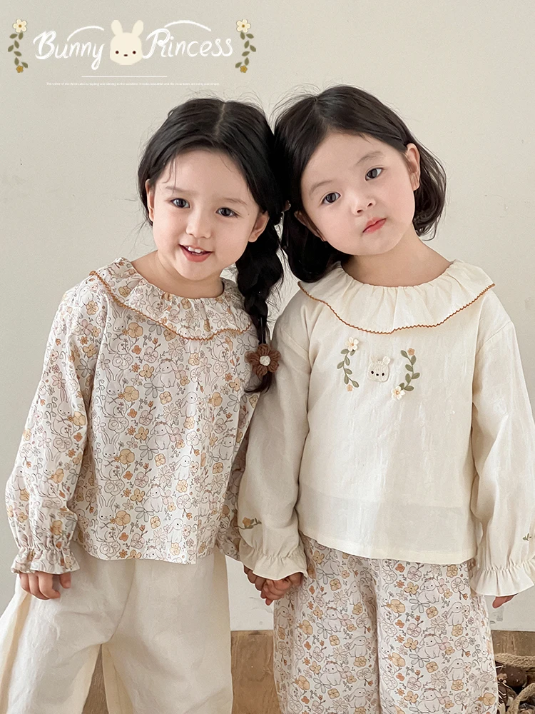 Girl's Forest Fragmented Flower Set Spring Sweet Cute White Rabbit Dress Lotus Leaf Lapel Shirt Multi Piece Set Trendy