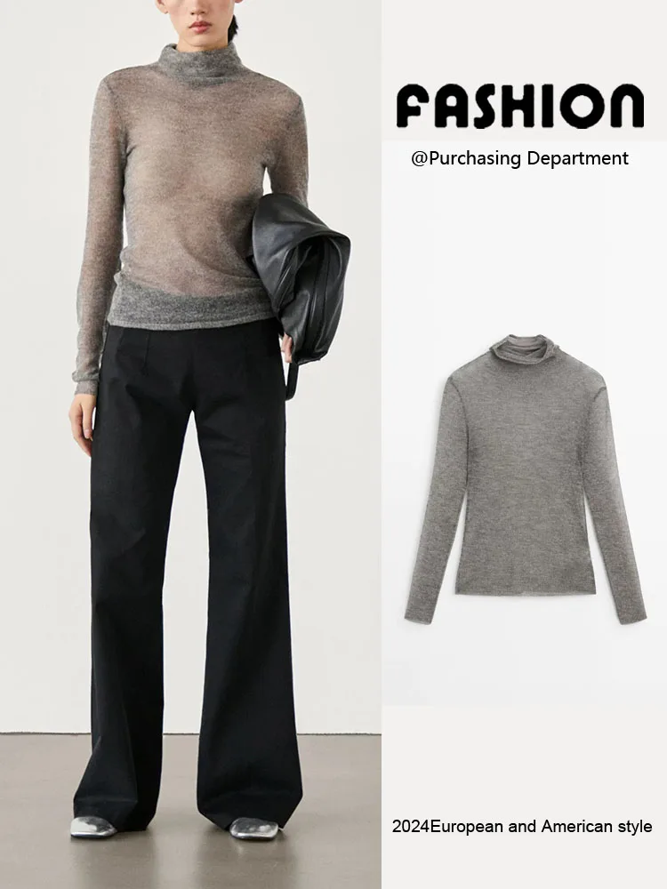 

Spring 2025 New Women's Faion Basic High Collar Long Sve Knitted Base irt T-irt Commute Sle Regular Thin