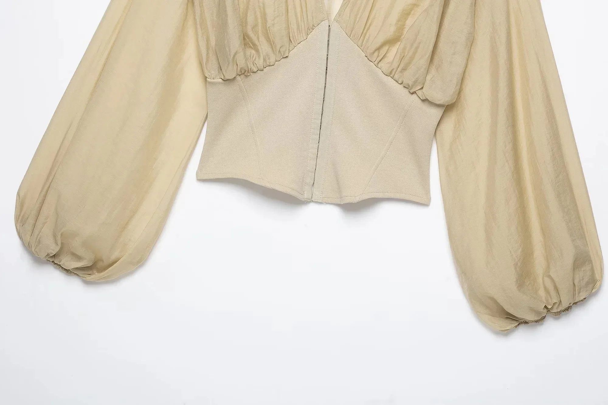 Herbst Damen Beige Korsett Slim Bluse Tiefer V-Ausschnitt Laternenärmel Oberteil Damen Kurzes Korsett-Top Elegantes Sexy Langarm-Damenhemd – Detail 9