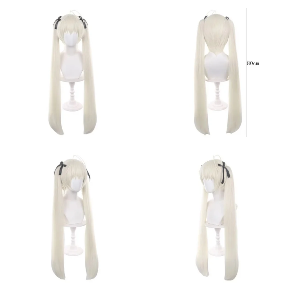 Bone White Medium-Length Wig Dual High-Set Strands with Removable Black Ribbon Ties Soft Frontal Transition Heat Resistant view 5