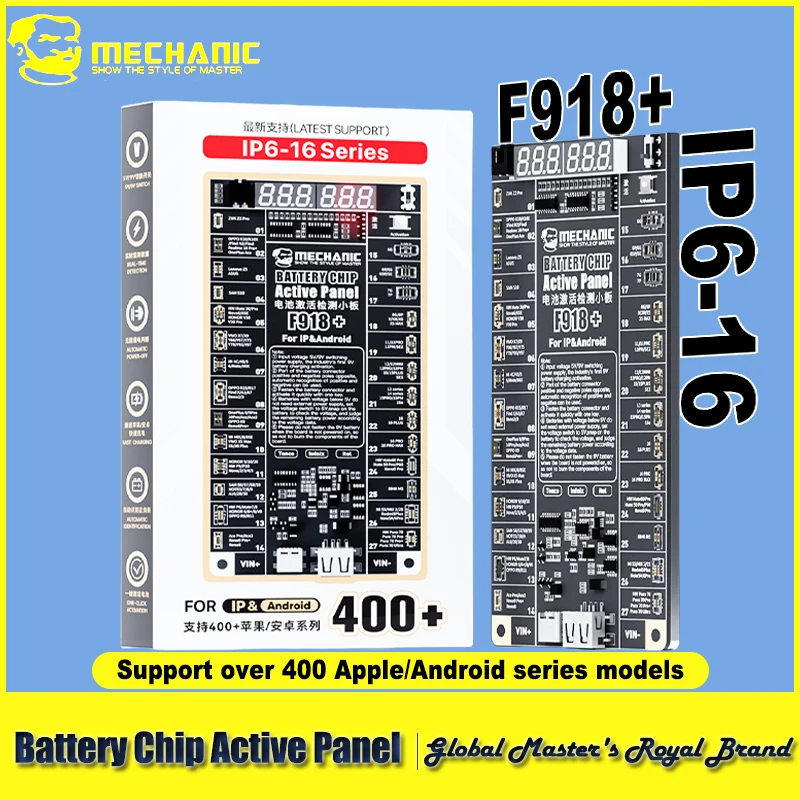 

MECHANIC F918+ Тестер батареи для телефонов iPhone 16 и 400+ Android Светодиодный дисплей с 18+9 контактами Pogo 5 В 9 В Стабильный выход напряжения