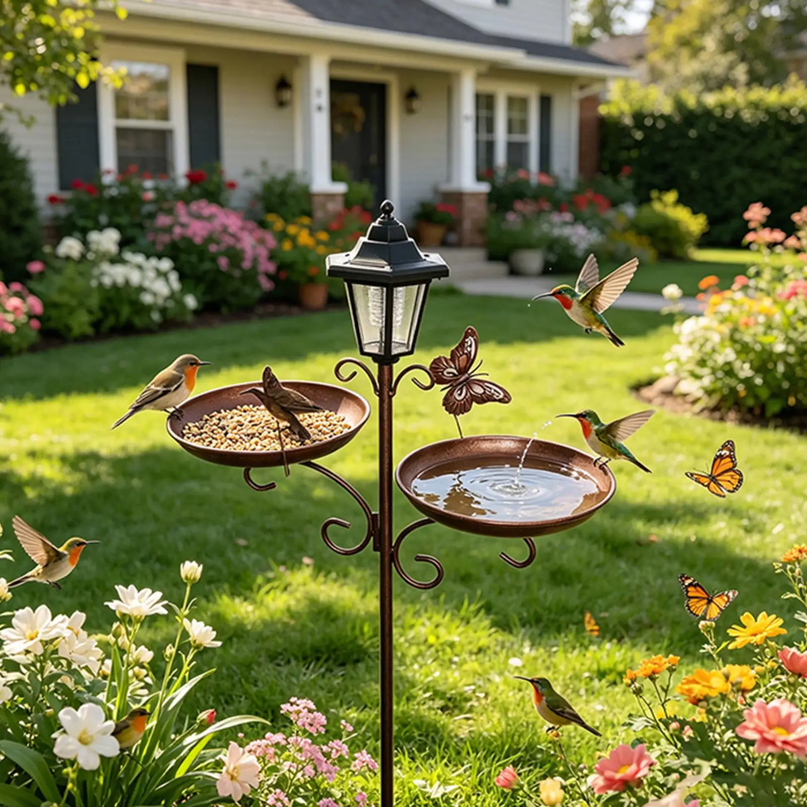Garden Bird Bath LED Solar Light Bird Feeding Drinking Dish Large Capacity Hummingbird Feeder For Balcony Garden Patio Outdoor
