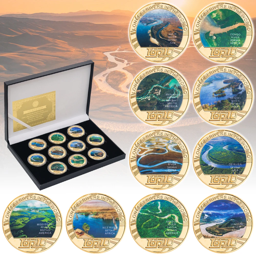 

10PCS Longest Rivers in The World Commemorative Coins Gift Box Set Top 10 Rivers Souvenir Coins Christmas Birthday Gift for Kids