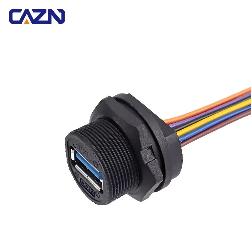 CAZN Waterproof IP67 IP68 USB 3.0 Female Rear Mount Receptacle with Wire 0.2 Meter Threaded
