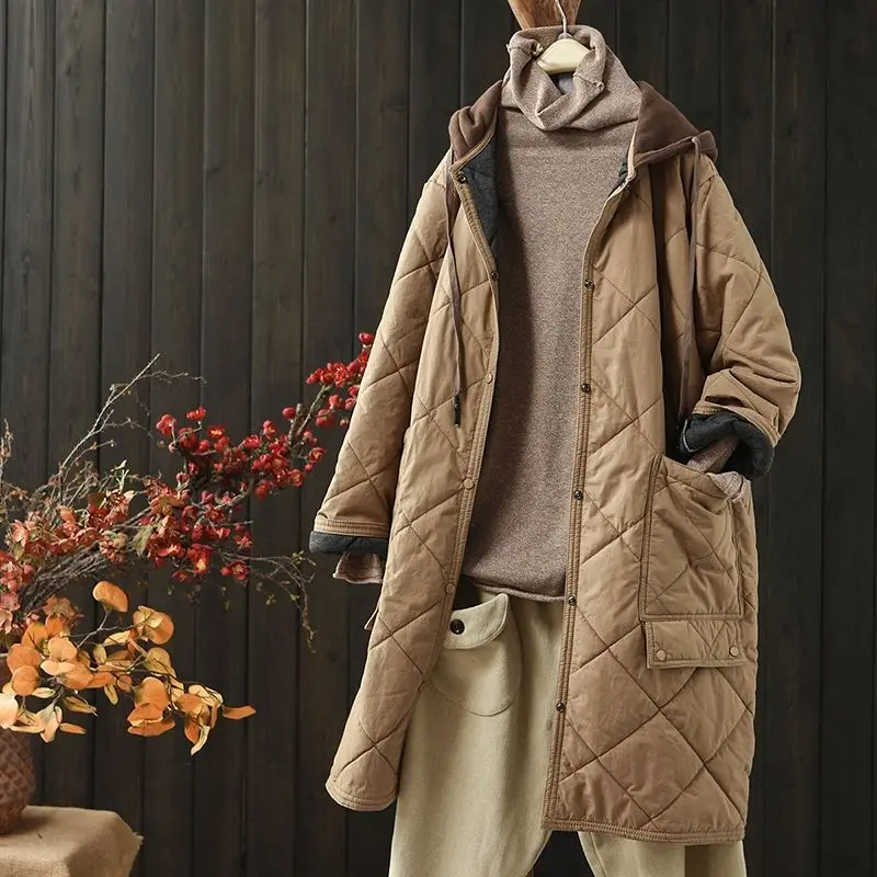 肥厚コットン冬ジャケット巾着フード付きミッドレングスコート暖かい綿服カジュアル通勤スタイルルーズフィット長袖