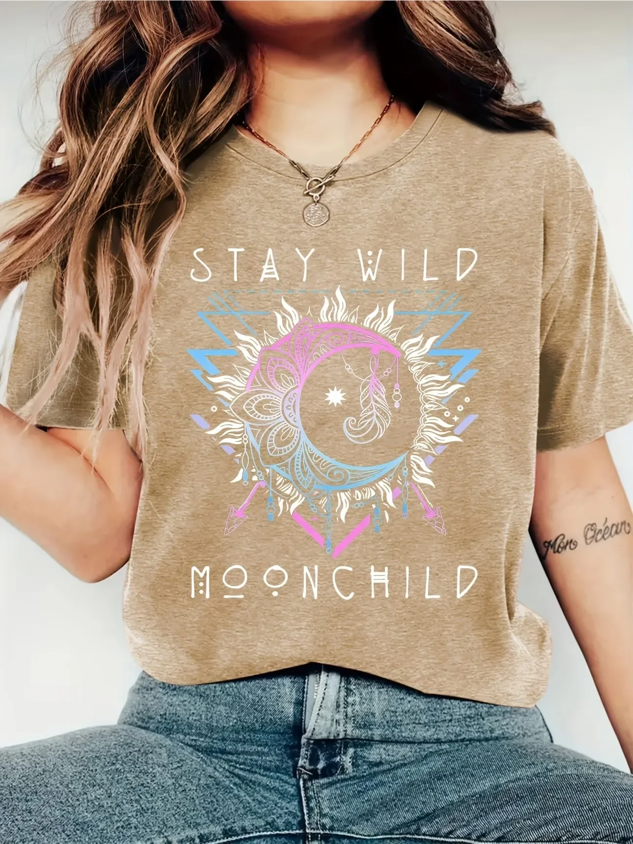 Aesthetic Motivational Moon Print Short Sleeve Fashion T Shirt Y2k Women Round Neck Retro T-shirt Casual Woman Summer