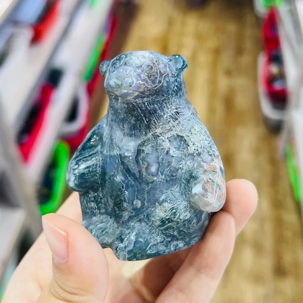 Natural Moss Agate Bear Carving - Feng Shui Healing Crystal Home Decor Lucky Spiritual Gift