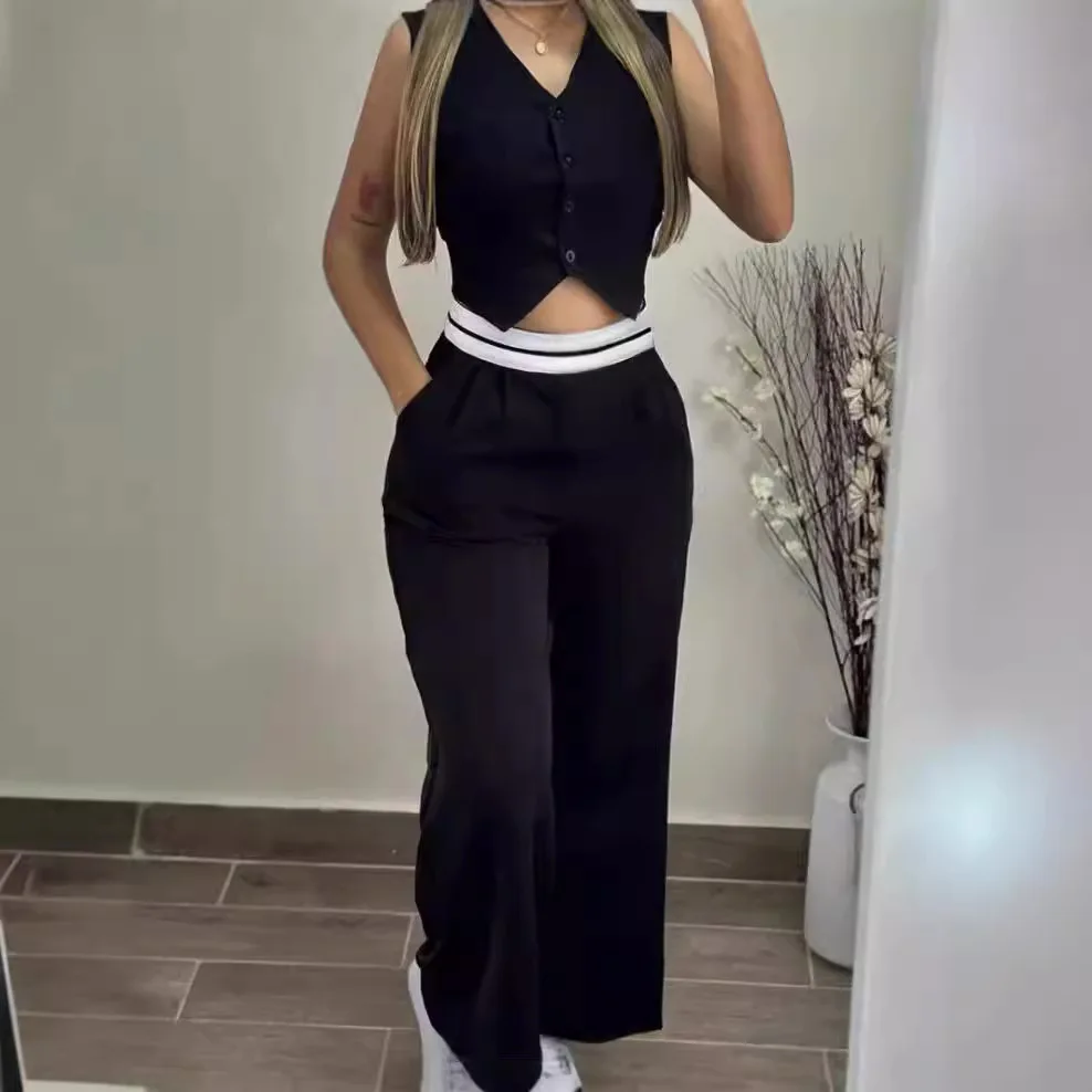 Elegante zweiteilige Sets mit V-Ausschnitt, geknöpftes Weste, ärmelloses Oberteil und hoher Taille, Tasche, gerade Hose, lässige Streetwear-Hosen-Sets 2025,