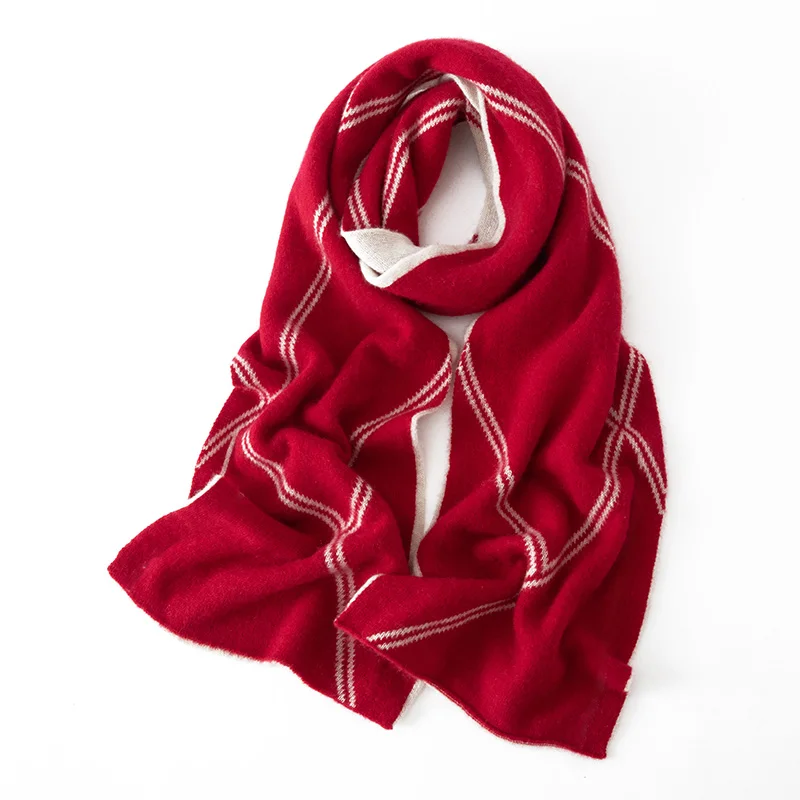 

Женский кашемировый двухслойный шарф, зимний толстый модный полосатый теплый вязаный шарф, рождественский дизайн, зимний аксессуар