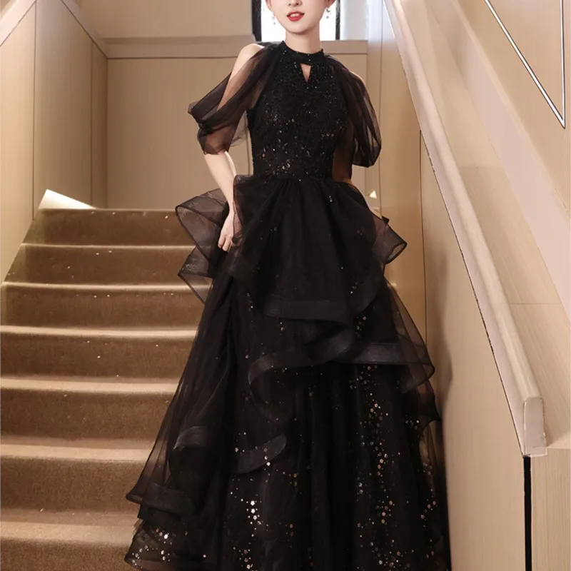 Black Evening Dress Banquet Season New Elegant Host Dinner Suit Female Fairy Costume