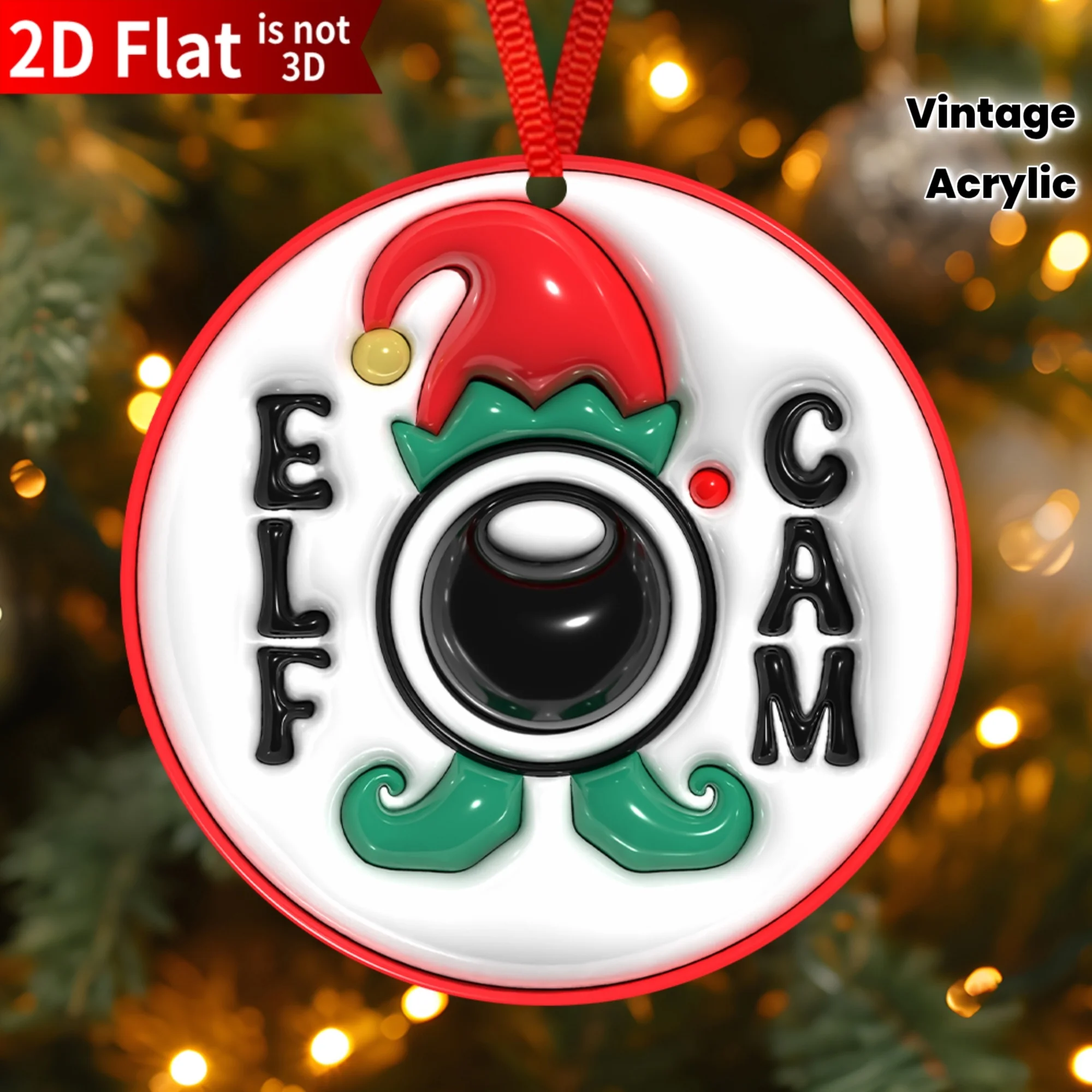 5/10/15 Stück 2D flache lustige Elfenkamera Weihnachtsschmuck – Acrylbaumschmuck mit rotem Band, Urlaubsparty-Zubehör