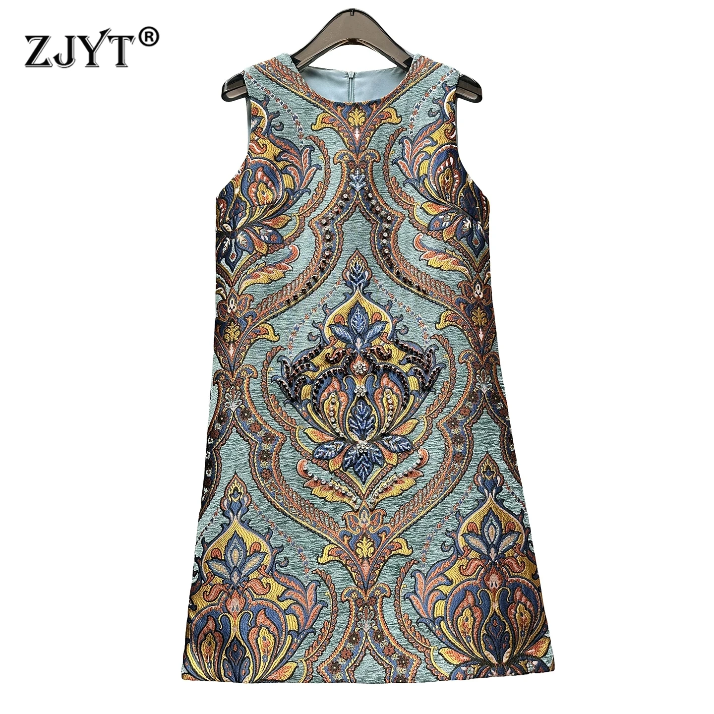 ZJYT Vintage Print Beading Jacquard Dresses for Women Runway Fashion Autumn 2026 New Sleeveless Retro Casual Tank Dress Luxury