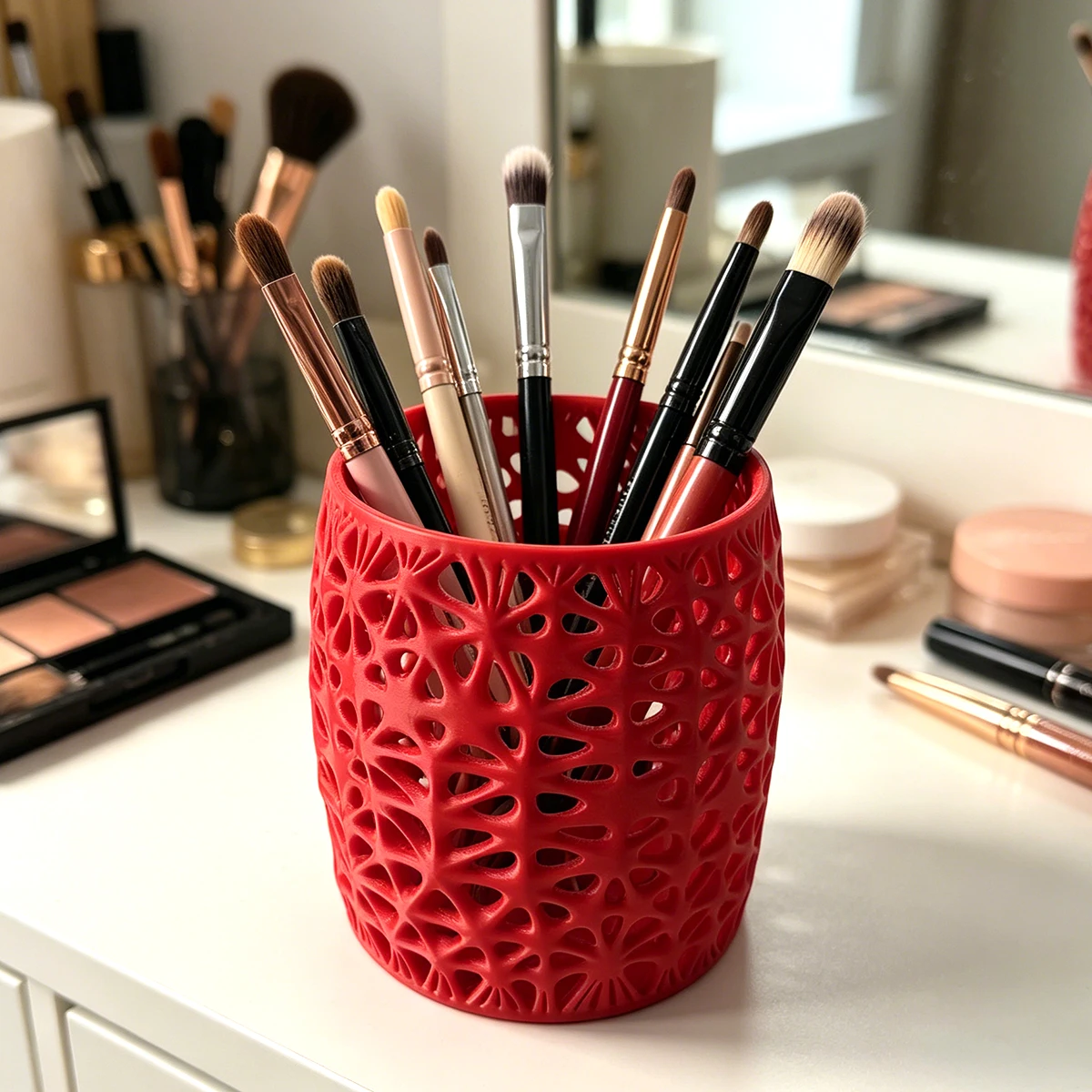 Red Hollow-Out Pattern Makeup Brush Storage Container, Multifunctional Desktop Organizer, Bedroom Vanity Table Organizer for Eyebrow Pencils, Lipsticks, Makeup Brushes, Bathroom Vanity Organizer for Cotton Swabs, Cotton Pads, Office Desk Organizer for Paper Clips, Pins, Stationery, and Small Accessories, Birthday Gift for Girls and Best Friends, Ins-Style Girly Desktop Organizer, Can Hold Makeup Brushes, Eyebrow Pencils, Lipsticks, Hair Ties, Cotton Swabs, Stationery, and Small Accessories