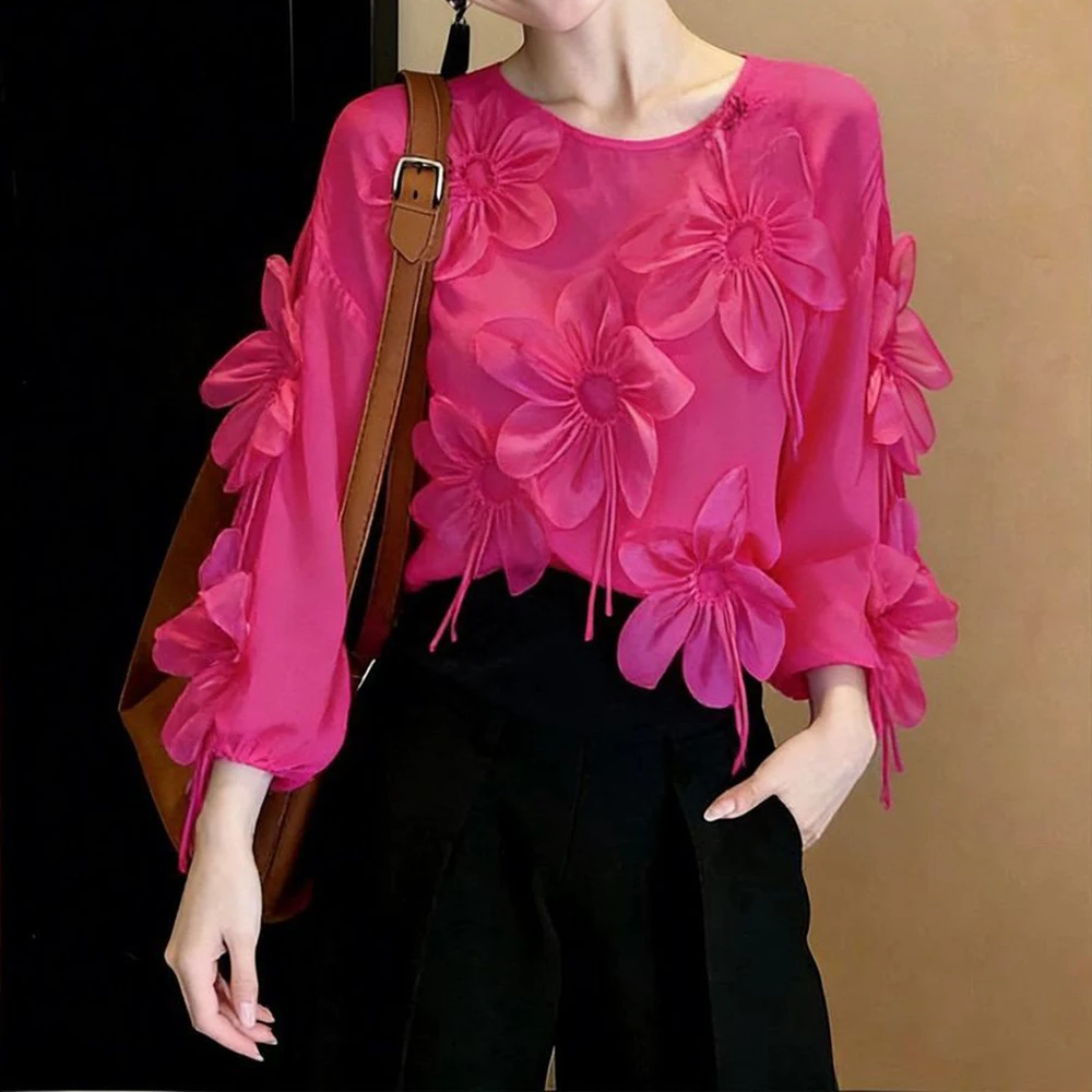 Design sense three-dimensional flower long-sleeved top women's 2026 spring new loose and thin rose red age-reducing shirt