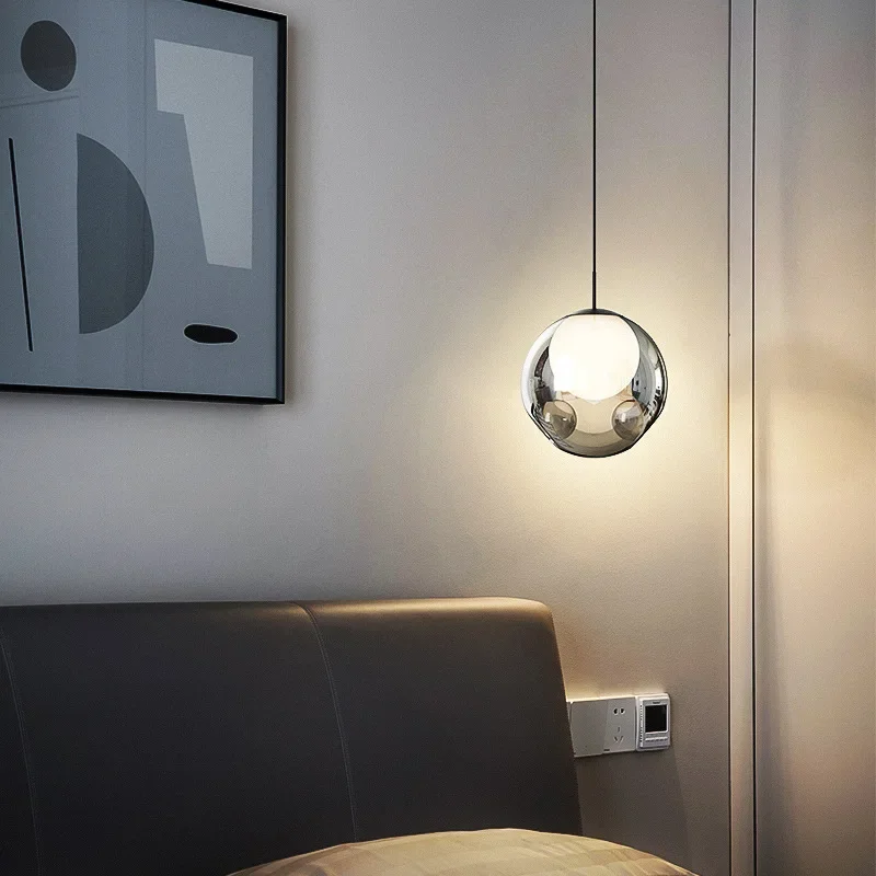 Modern Minimalist Pendant Light Gray Glass Ball Hanging Lamp Home Decor for Bedroom Dining Table Bedside Led Ceiling Chandelier