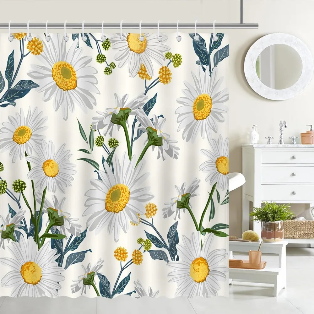 

Занавеска для душа Daisy, 72 Вт x 72 л, бежевая, водонепроницаемая, полиэстер, узор ромашки, деревенский, богемный, современный, для ванной комнаты