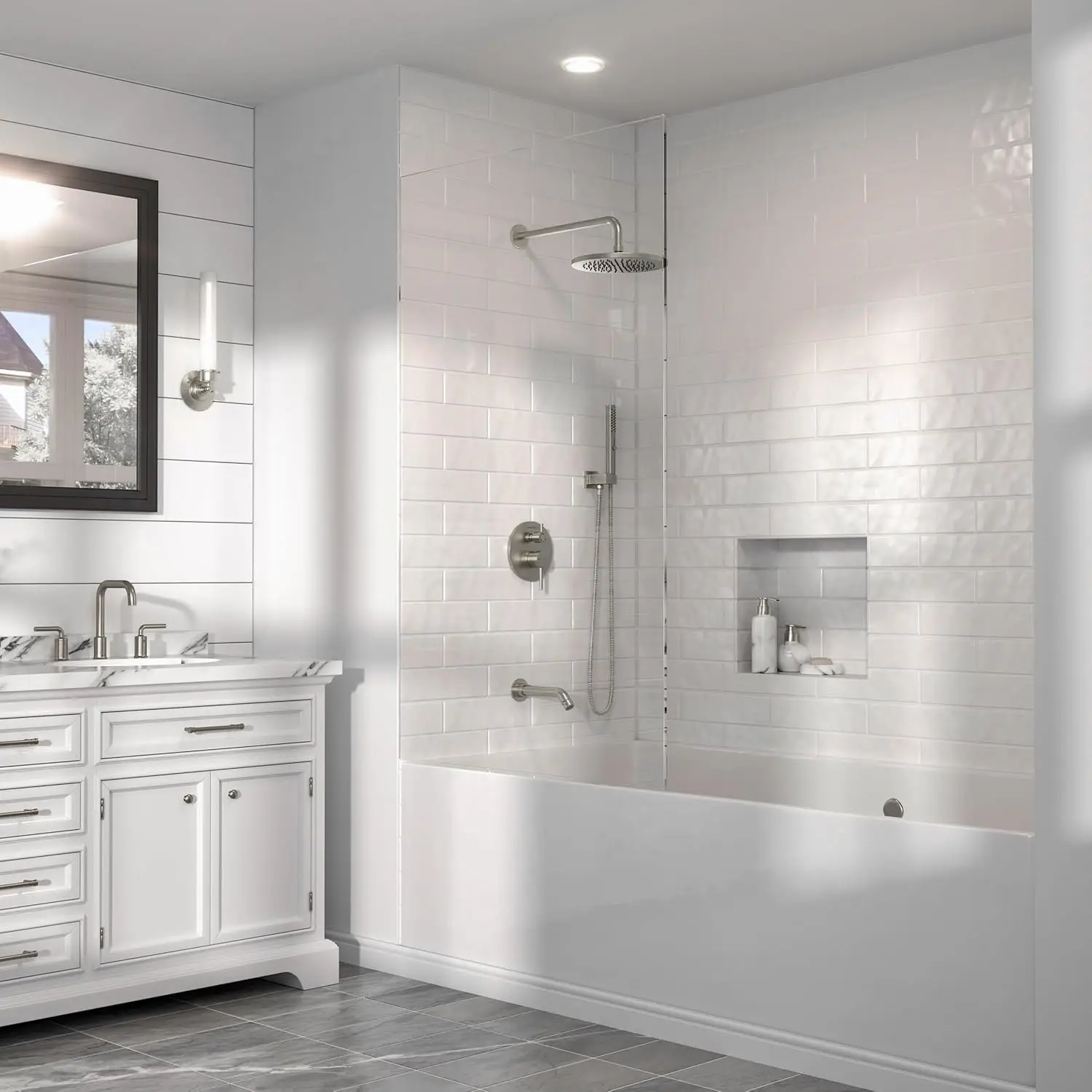 

Modern Brushed Nickel Dual Handle 3-Setting Rain Shower Tub Combo Head Handheld Soft Massage Spray Spout Trim Set Brass Ceramic