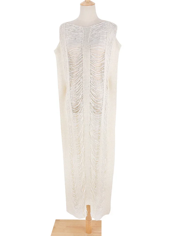 新しいニットビキニカバーアップ女性ビーチカバーアップ固体中空アウトシースルードレス夏のファッション女性の休暇ビーチウェア