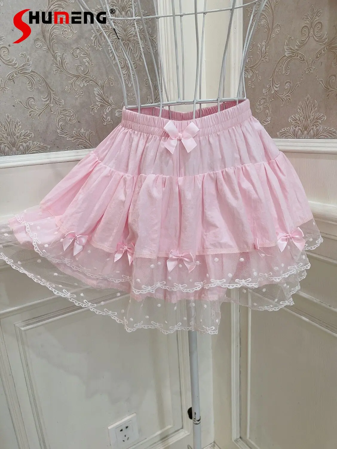

Sweet Girl's Pink Lolita Cake Skirts Spring and Summer 2026 New Woman's Elastic Waist Lace Splicing Bow Short Skirt Lady Skirts