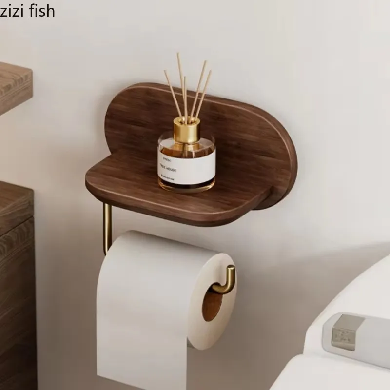 Bathroom Tissue Holder and Paper Towel Organizer Crafted from Walnut Wood, Wall-Mounted Design for Neat Storage