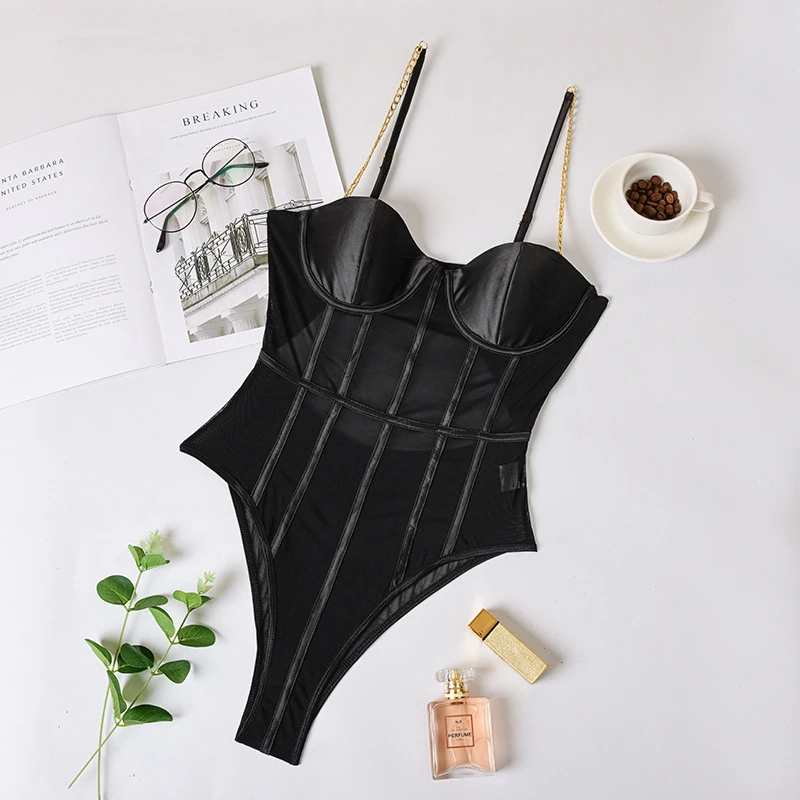 Women's Sexy Sheer Mesh Leotard Bodysuit See Through Metal Chain Strap Backless Bodycon Jumpsuit Short for Party Clubwear