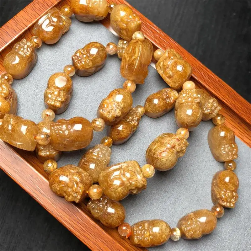 Natural Golden Rutilated Quartz Pixiu Carving Bracelet Women Beautiful Colorful Crystal Energy Healing Fashion Jewelry 1PCS