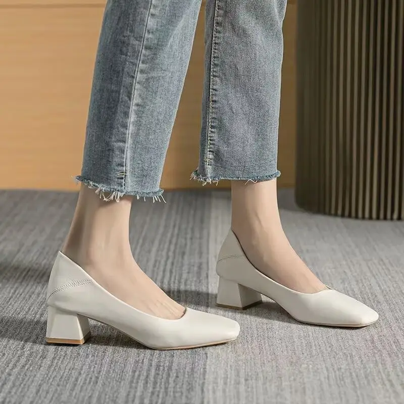 Ladies Summer Footwear Square Toe Shoes For Women 2024 With Medium Heels White Office Social Elegant Classy Fashion A Spring Y2k