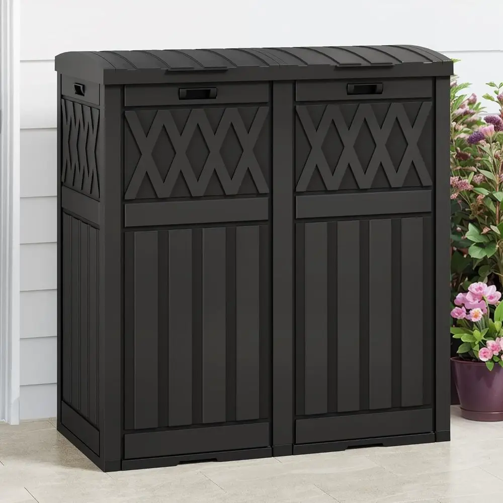 66 Gallon Double-Bin Outdoor Trash Can, Waterproo Resin Garbage Can with Tiered Lid and Drip Tray for Patio, Kitchen, Deck, and