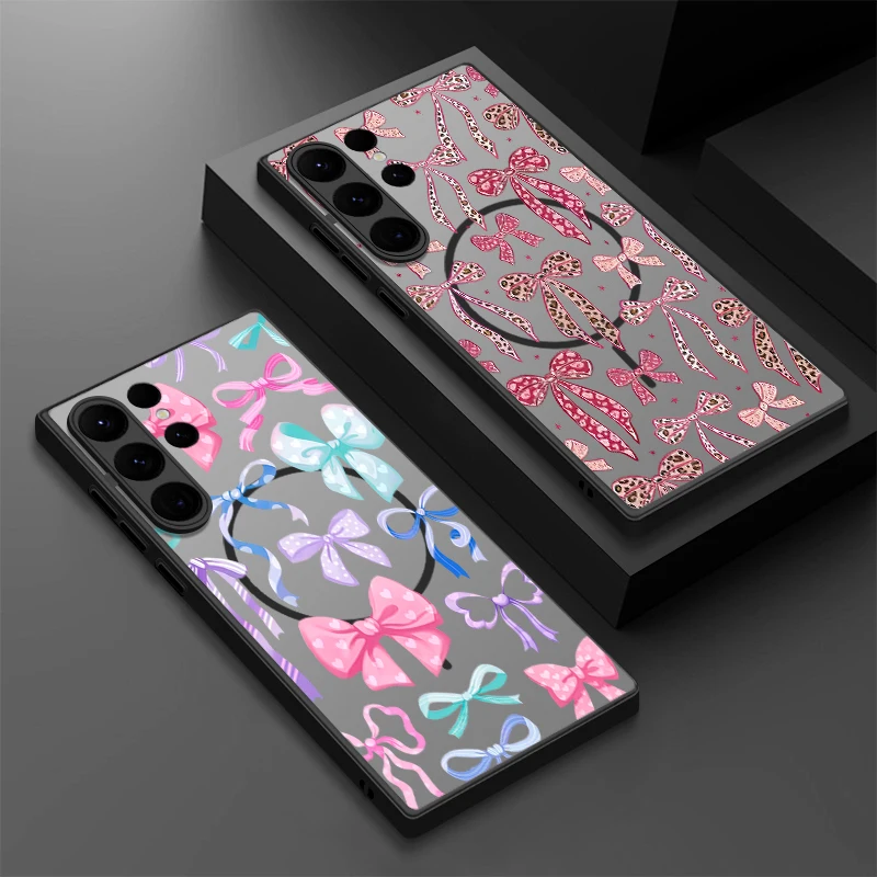 Rosa Schleifenmuster Magnetische Hülle für Samsung Galaxy S25 Edge S26 S24 S23 Ultra S25 FE S22 Plus für Magsafe Matte PC Handyhülle ﻿