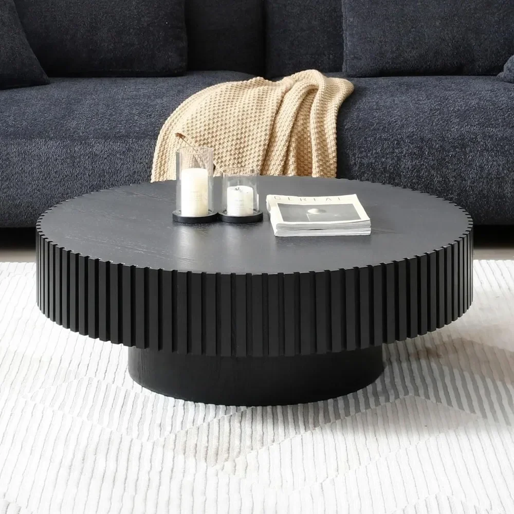 XMSJ Round Coffee Table Wood End Tables for Living Room,Modern Circle Fluted Drum Side Tables, Easy Assembly,Coffee Table