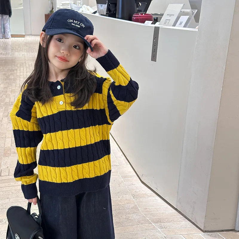 Girls' Korean Casual Lapel Sweater Stripe Color Contrast Fried Dough Twists Sweater