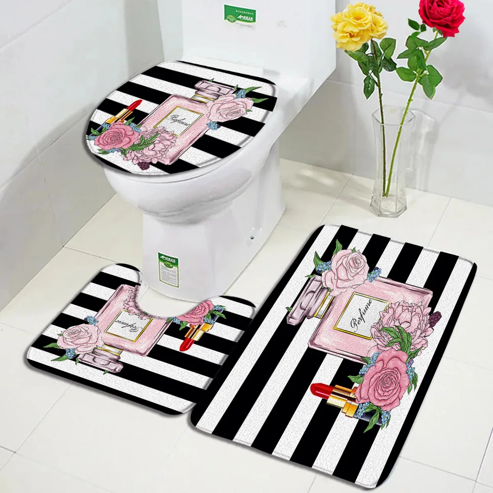 

Pink Flowers Perfume Bath Mats Sets Rose Lipstick Black White Striped Fashion Woman Home Bathroom Decor Non-slip Rugs Toilet Lid