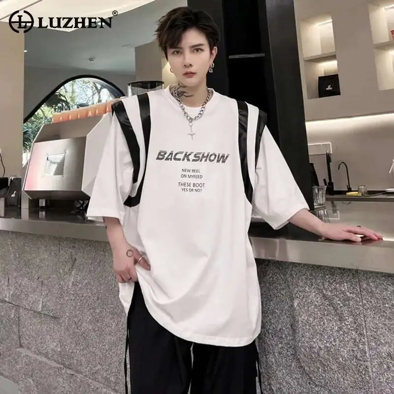

LUZHEN Short Men Color Sleeve Tops Contrast 2025 Design Summer New Original Street Casual T Shirts Letter Printed Cotton LZ9769