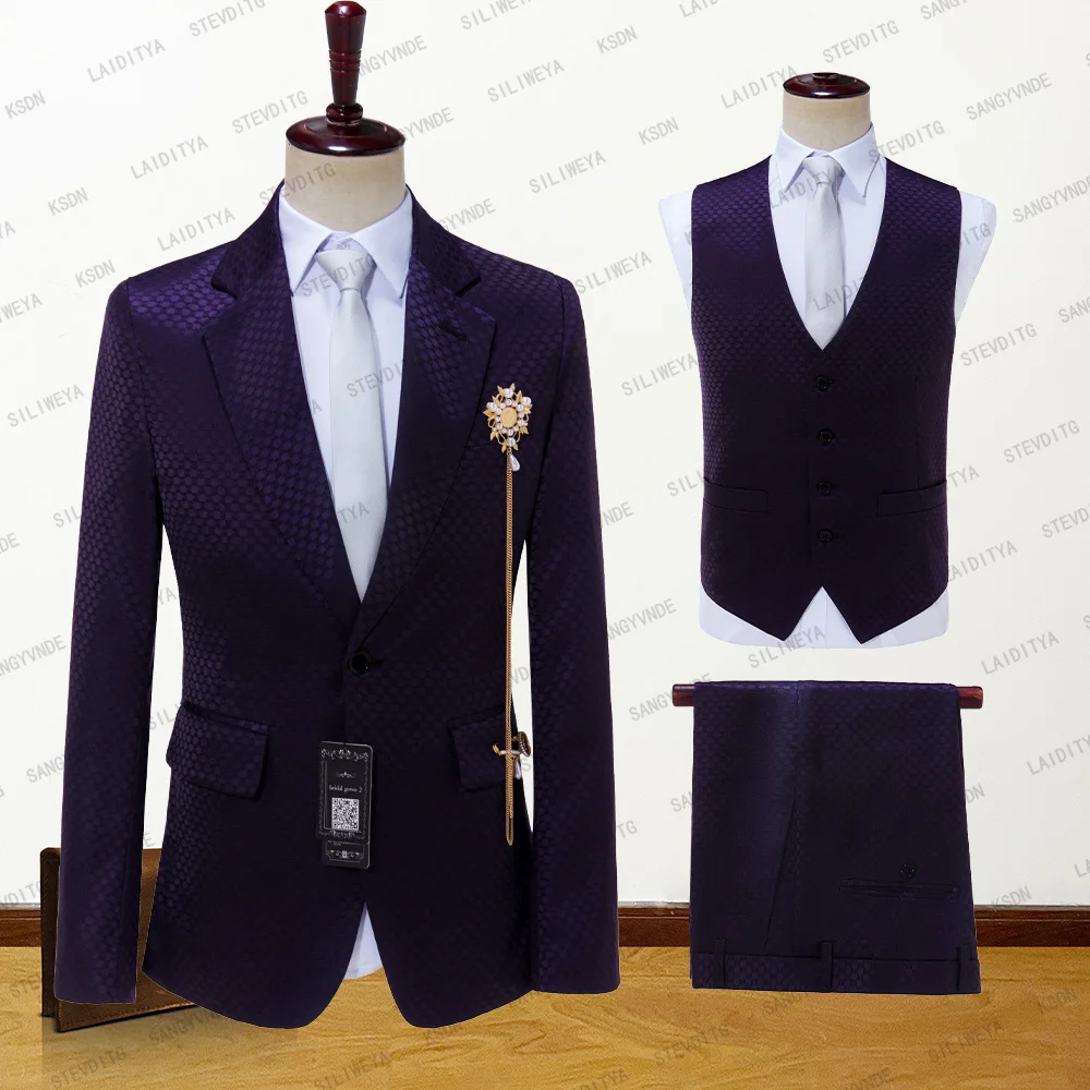 

Custom Made Dark Purple Dot Suits For Men 3 Pieces(Jacket+Pants+Vest) Casual Marriage Groom Blazer Custom Tuxedo Men For Wedding