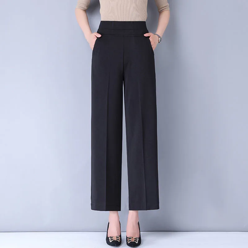 Office Lady Fashion Loose Solid Wide Leg Pants Women Spring Autumn High Waist Elastic Casual Big Size Straight Trousers 2023 New