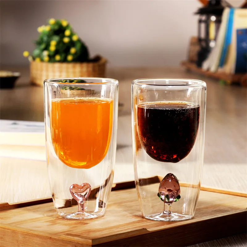 1 PC 3D Rose Embedded Double-Wall Champagne Flute Goblet Tumbler Mug Creative Glassware Gift with Rose Detail