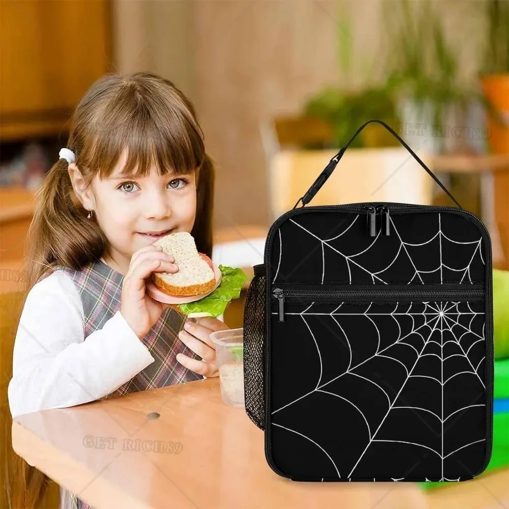 Goth Spider Web Reusable Portable Lunch Bag Cooler Lunch Box Tote Bag with Pocket for Women Men Kids School Office Picnic Travel