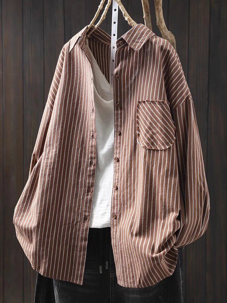 

Women Long Sleeve Striped Shirt New 2025 Spring Vintage Style Turn-down Collar Loose Female Casual Cotton Tops Shirts M753