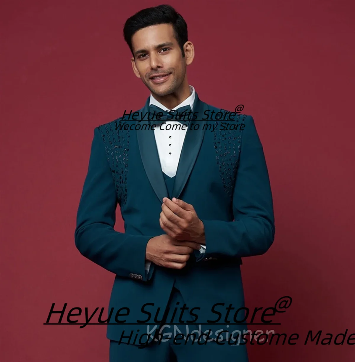 

Модные бирюзово-синие свадебные костюмы для мужчин по индивидуальному заказу, блестящие бисерные свадебные смокинги для жениха, комплекты из 3 предметов, мужской пиджак для выпускного вечера, костюм Homme