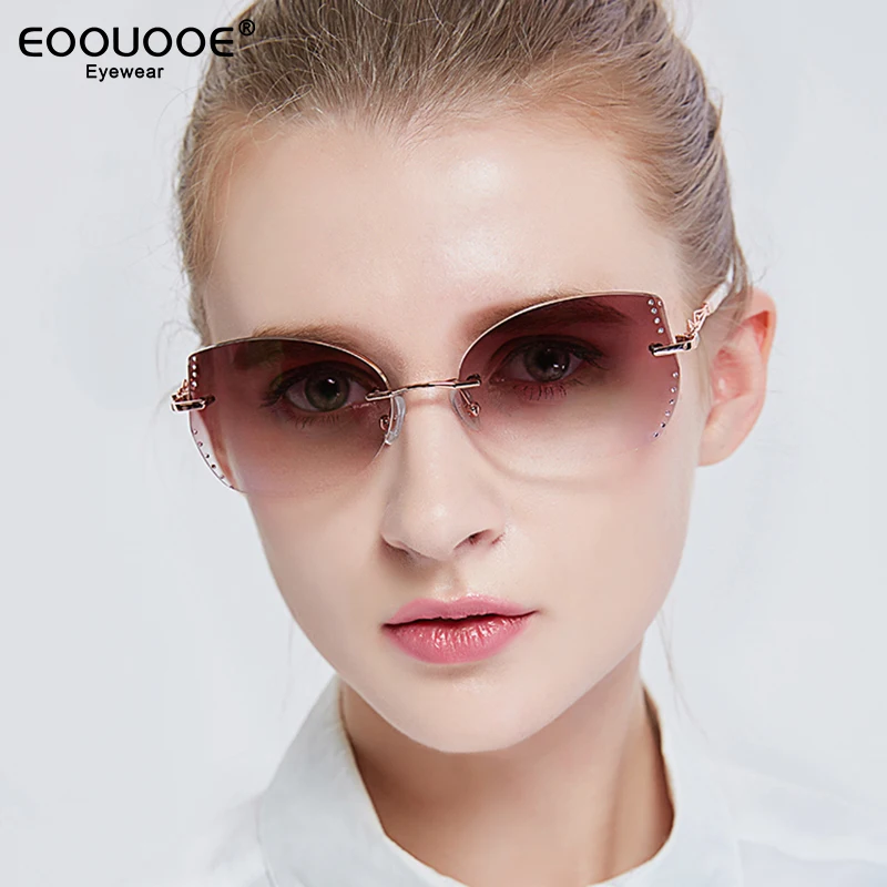 Shining Diamond Rimless Sunglasses Women Tinted Lenses Optical Eyewear Myopia Sun Glasses Anti-Reflection UV