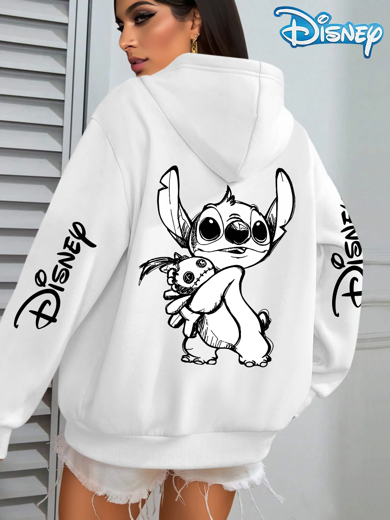 Unisex Disney Lilo Stitch Cotton Fleece Hoodie Black Color Blue Alien Hugging Rag Doll Big Eyes Back Print Sleeve Text Loose Fit