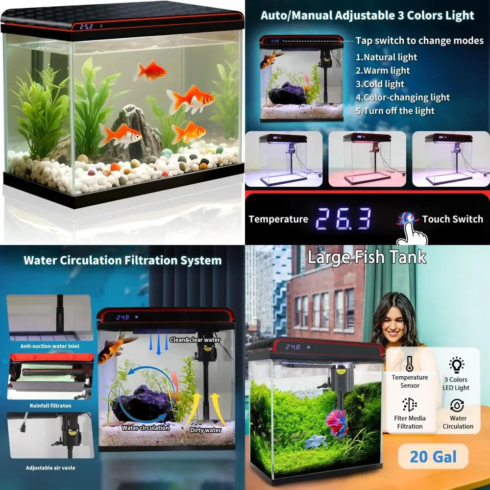 

20-Gallon Smart Aquarium with Self-Cleaning Filter, 3-Color LED Lights, and Water Temperature Monitoring
