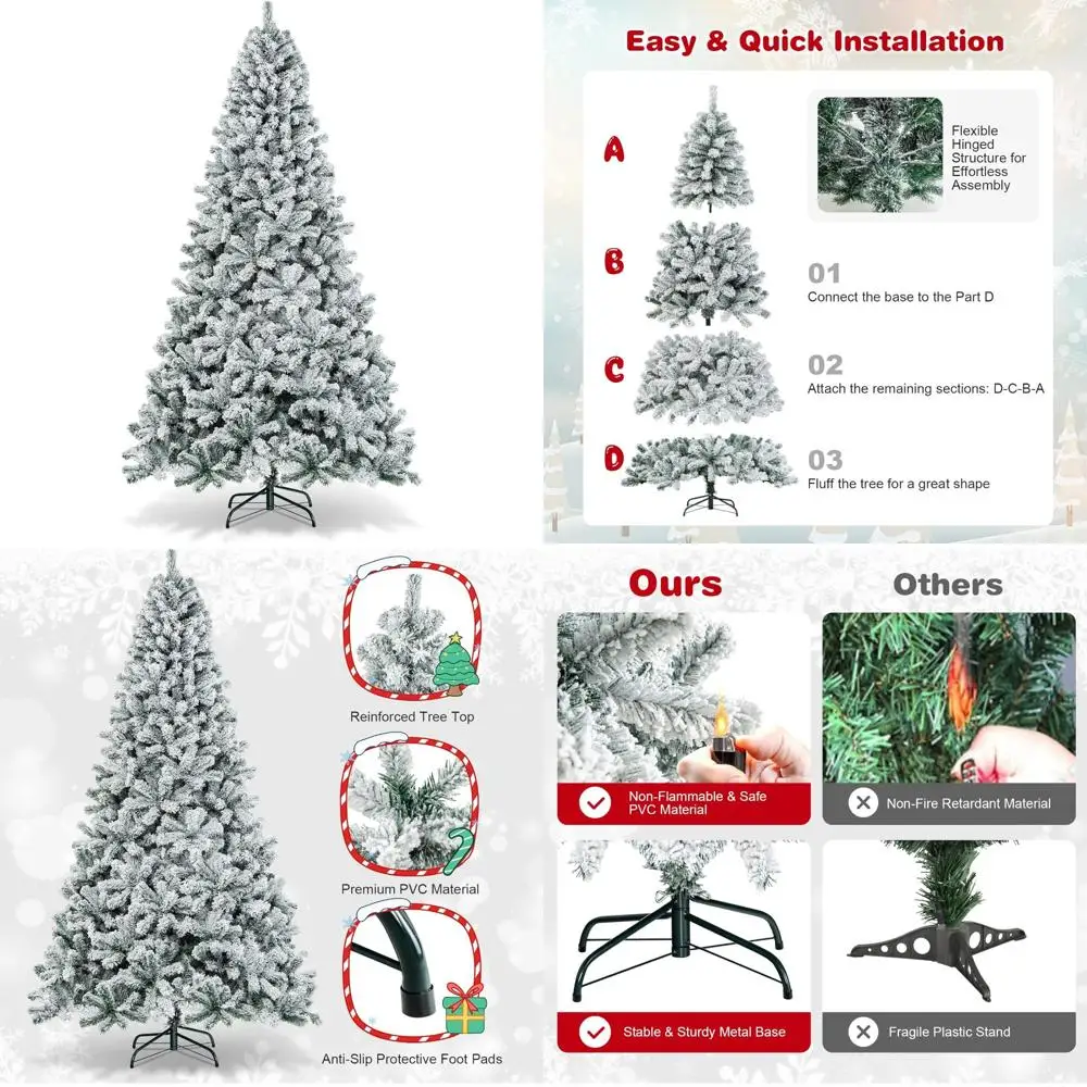 

Искусственная рождественская елка 9 футов со снежным флокированием, шарнирная сосна, иглы из ПВХ премиум-класса, металлическая подставка, идеально подходит для большого пространства