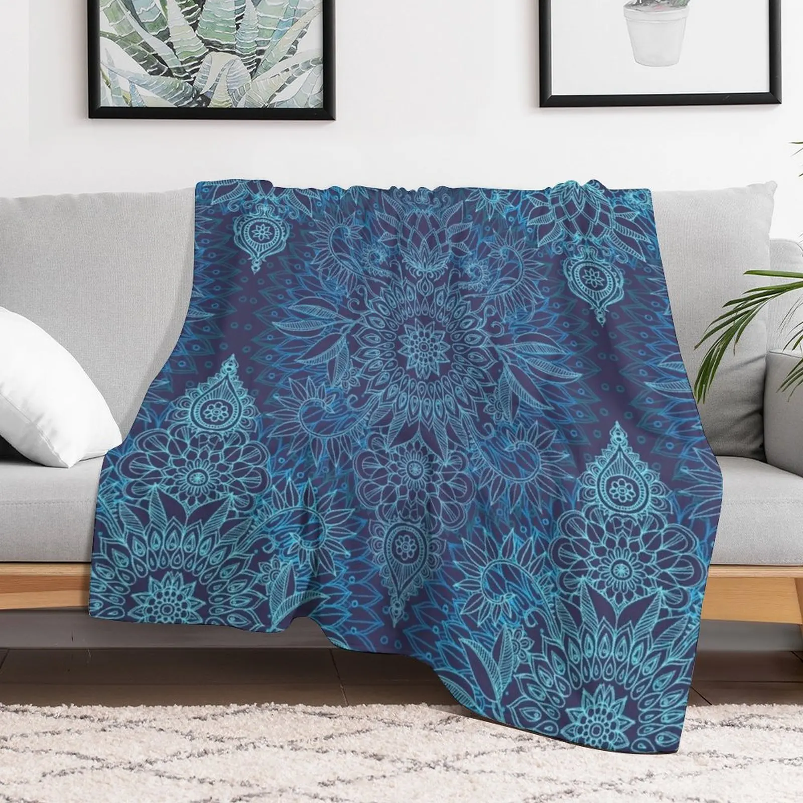 Aqua, Cobalt Blue & Purple Protea Doodle Pattern Throw Blanket Hair Nap Thin Blankets