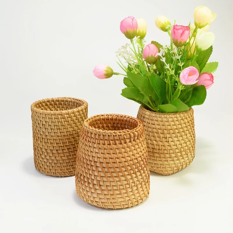 حامل القرطاسية حامل ماكياج حفل الشاي صفر مع سطح المكتب حفل الشاي تخزين ستة السادة أنبوب الروطان النسيج حامل قلم