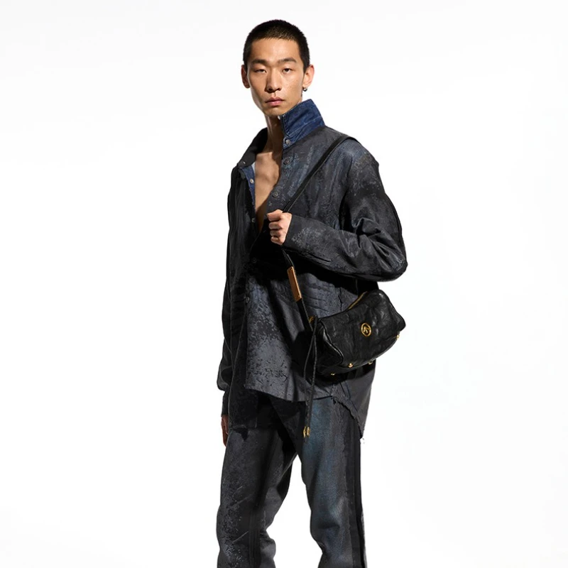 GROTTO Fashion 2025 New Genderless Black Stone Mini Wrinkled Genuine Leather Shoulder Bag